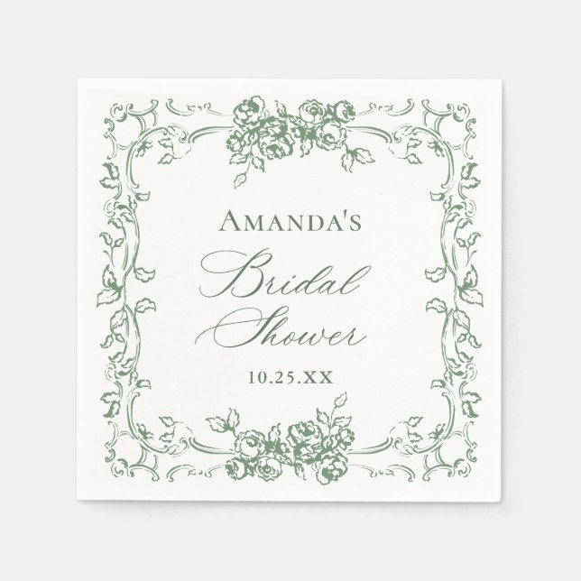 Renaissance Ornate Sage Green Floral Bridal Shower Napkin (Front)