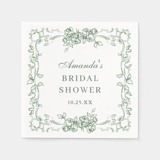 Renaissance Ornate Sage Green Floral Bridal Shower Napkin (Front)