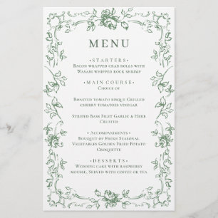 Renaissance Ornate Sage Green Floral Wedding Menu