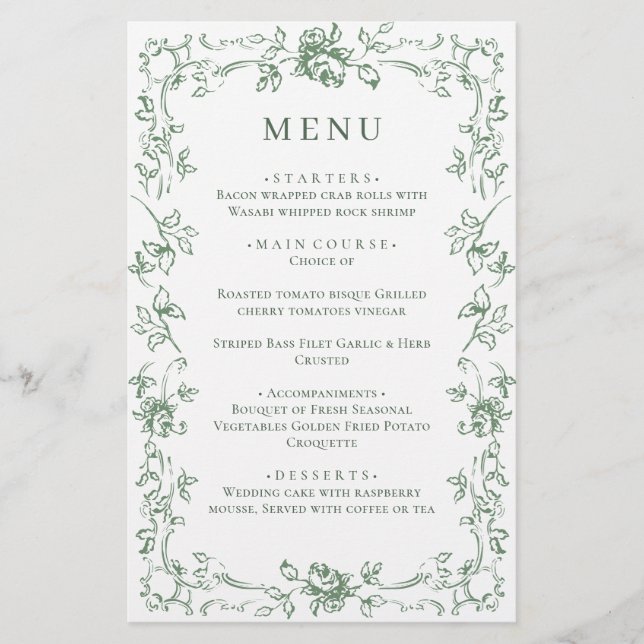 Renaissance Ornate Sage Green Floral Wedding Menu (Front)