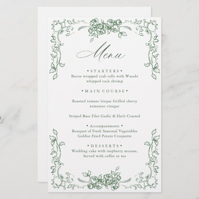Renaissance Ornate Sage Green Floral Wedding Menu (Front/Back)
