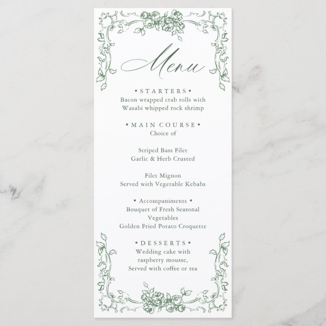 Renaissance Ornate Sage Green Floral Wedding Menu (Front)
