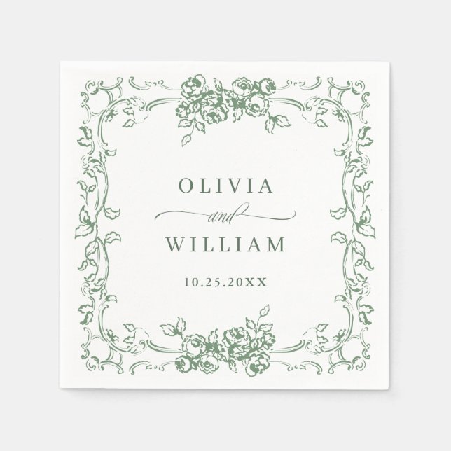 Renaissance Ornate Sage Green Floral Wedding Napkin (Front)
