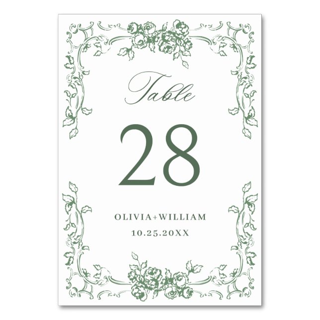 Renaissance Ornate Sage Green Floral Wedding Table Number (Front)