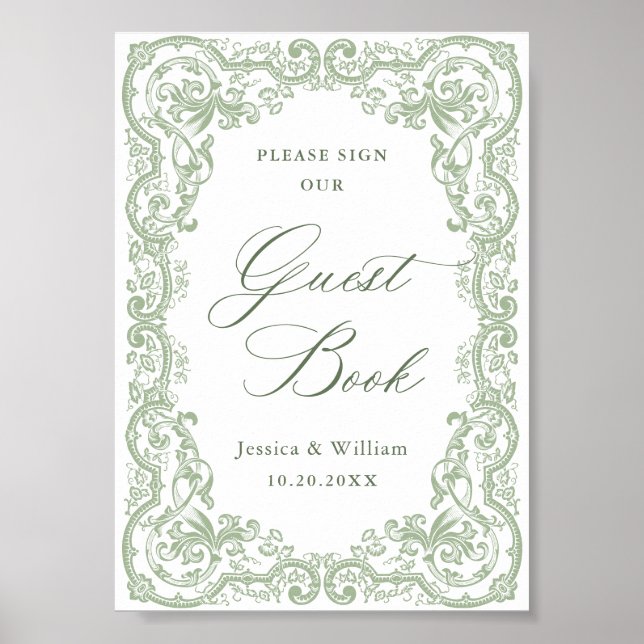 Renaissance Ornate Sage Green Guestbook Sign (Front)