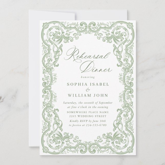 Renaissance Ornate Sage Green Rehearsal Dinner Invitation (Front)