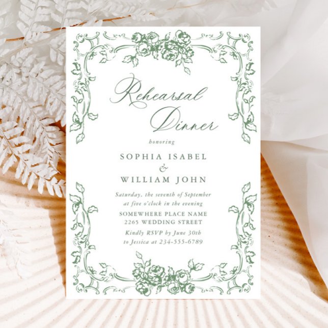 Renaissance Ornate Sage Green Rehearsal Dinner Invitation (Creator Uploaded)