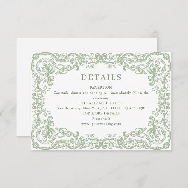Renaissance Ornate Sage Green Wedding  Details Enclosure Card (Front/Back)