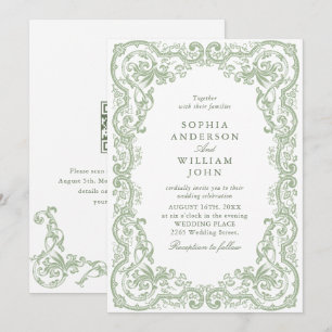 Renaissance Ornate Sage Green Wedding QR code Invitation