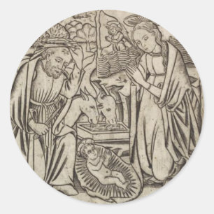 RENAISSANCE PRINT OF NATIVITY CHRISTMAS CARD CLASSIC ROUND STICKER