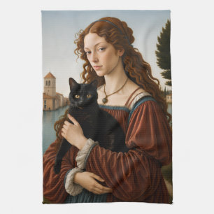 Renaissance Woman with a Black Cat Tea Towel