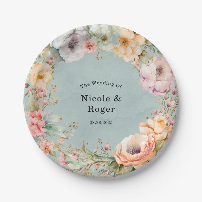 Renew Blue and Spring Peony Chic Wedding Paper Plate (Front)