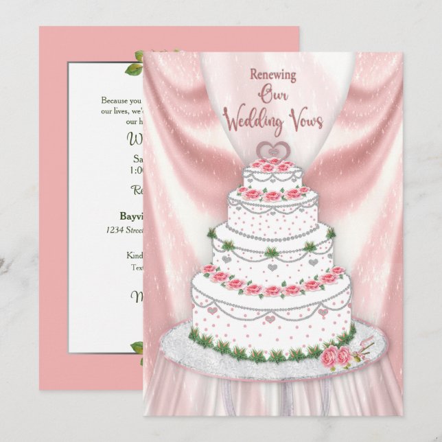Renewing Wedding Vows Pink and White Elegant Cake Invitation (Front/Back)
