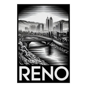 Reno Nevada Skyline Black White Woodcut Poster