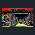 RENO NEVADA VINTAGE COLORFUL WATERCOLOR ART POSTER<br><div class="desc">This image is a colourful artistic watercolor appearance of beautiful downtown Reno Nevada, circa 1941. The scene is loaded with vintage cars and Neon signs many of which are probably advertising gambling, slot machines, and poker tables. The famous arched sign is in full view with the town slogan, "the Biggest...</div>