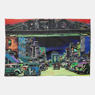 RENO NEVADA VINTAGE COLORFUL WATERCOLOR ART TEA TOWEL