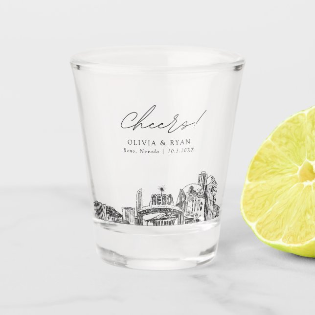 Reno Nevada Wedding Favour Cheers Shot Glass (Front)
