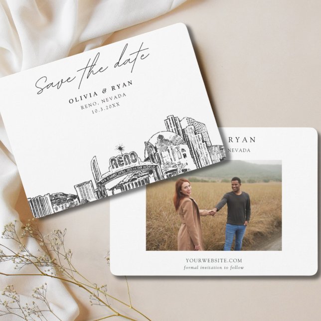 Reno Wedding Downtown Skyline Save the Date  Invitation (Reno wedding save the date with engagement photo and downtown skyline sketch)