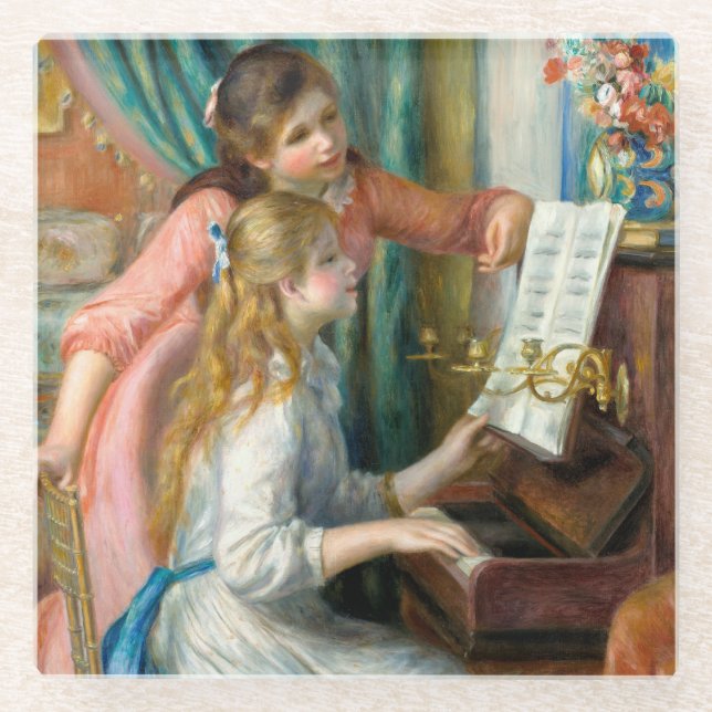 Renoir Girls at the Piano Impressionism Painting Glass Coaster (Front)