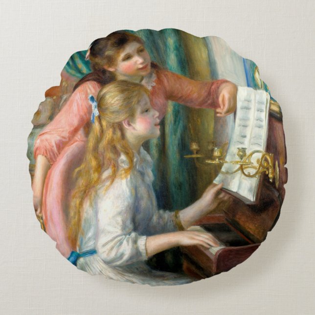 Renoir Girls at the Piano Impressionism Painting Round Cushion (Front)