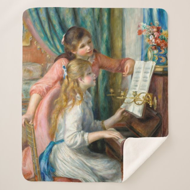 Renoir Girls at the Piano Impressionism Painting Sherpa Blanket (Front)