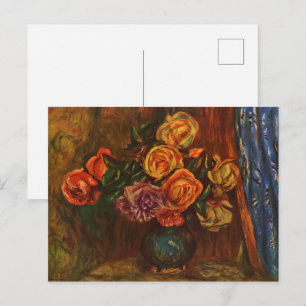 Renoir Impressionist Roses in Teal Vase Art Postcard