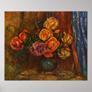 Renoir Impressionist Roses in Teal Vase Art Poster