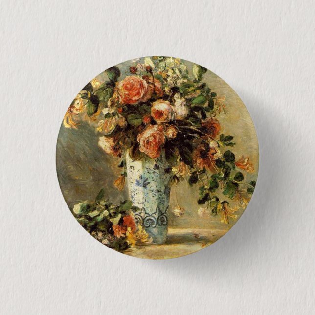Renoir Roses and Jasmine in a Delft Vase 3 Cm Round Badge (Front)