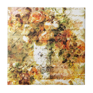 Renoir Roses and Vintage Handwritten Words Collage Tile