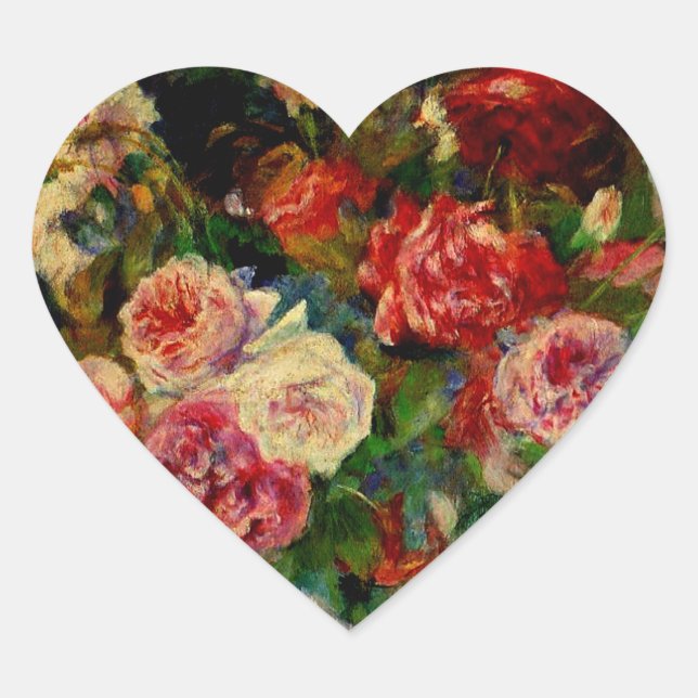 Renoir - Roses, famous painting, Heart Sticker (Front)