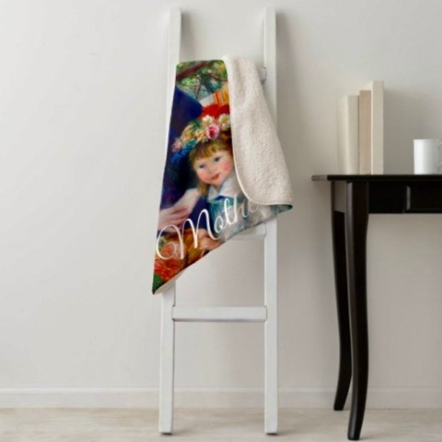 Renoir’s Mother and Child  Sherpa Blanket (A warm throw blanket with an elegant floral design. )