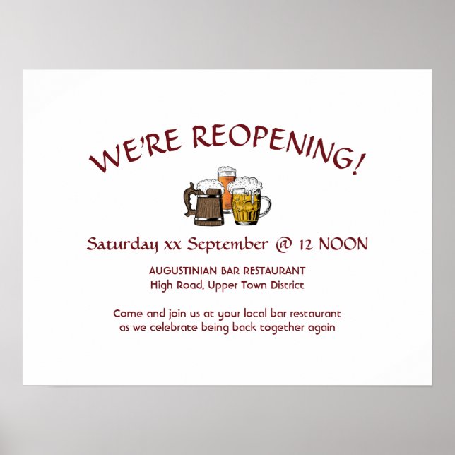 REOPENING! Bar Restaurant Business Customisable Poster (Front)