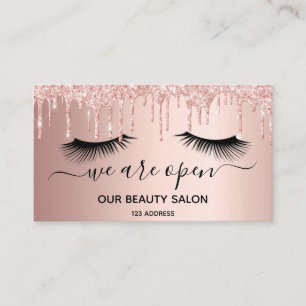 Reopening beauty salon rose gold glitter lashes business card