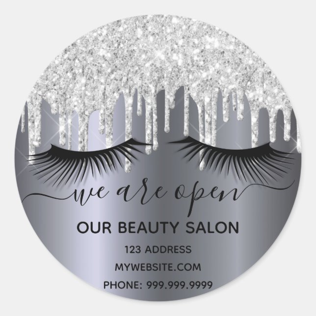 Reopening beauty salon silver glitter lashes  classic round sticker (Front)