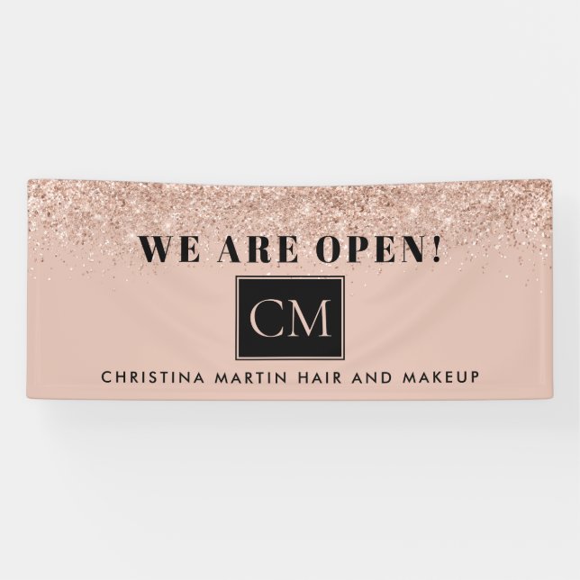 Reopening Hair and Makeup Blush Rose Gold Glitter Banner (Horizontal)