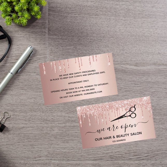 Reopening hair beauty salon rose gold drips business card (Creator Uploaded)