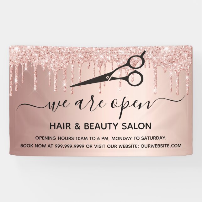 Reopening hair beauty salon rose gold glitter drip banner (Horizontal)
