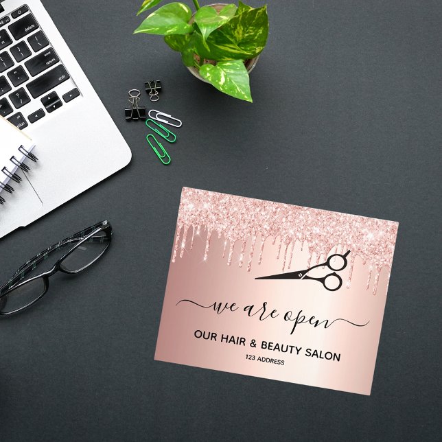 Reopening hair beauty salon rose gold glitter drip flyer (Creator Uploaded)