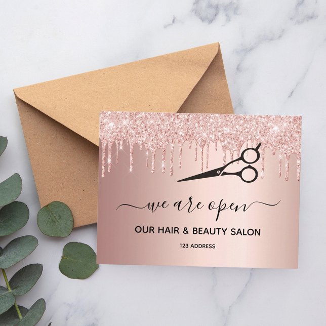 Reopening hair beauty salon rose gold glitter drip postcard (Creator Uploaded)