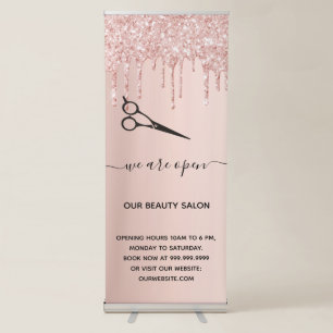 Reopening hair beauty salon rose gold glitter drip retractable banner
