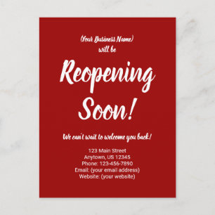 Reopening Soon Business Reopening Announcement Red Postcard