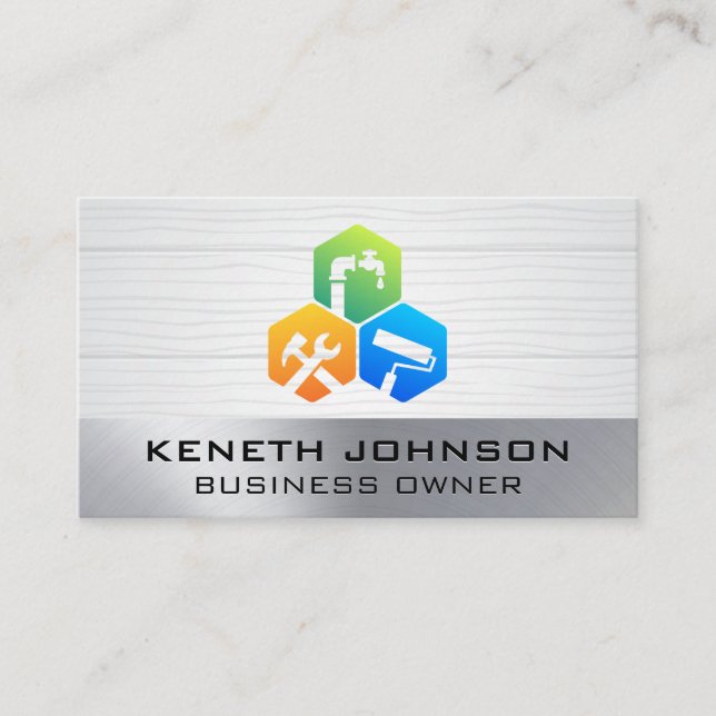 Repair Fixing Services | Wood Metallic Business Card (Front)