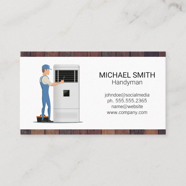 Repairman Fixing AC Unit | Handyman Business Card (Front)