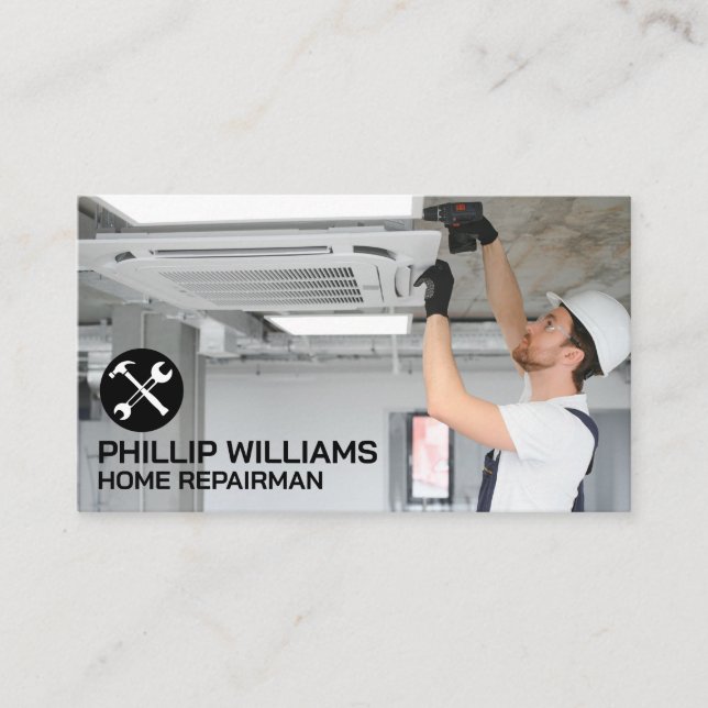 Repairman Fixing Ceiling Air Conditioning Unit Business Card (Front)