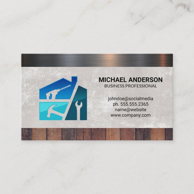 Repairman Hardware Tools | Wood Metal Material Business Card (Front)