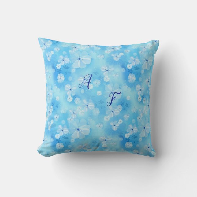 Repeat pale sky blue - white watercolor flowers cushion (Front)