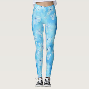 Repeat pale sky blue - white watercolor flowers leggings