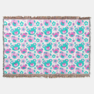 Repeat pattern teddy bear flower pink aqua throw blanket