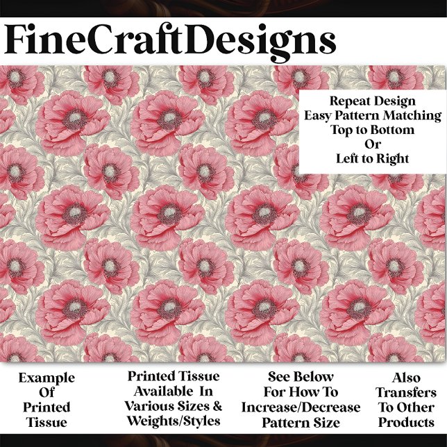 Repeat Red Pink Grey Poppy Pattern BU7 Decoupage Tissue Paper (Creator Uploaded)