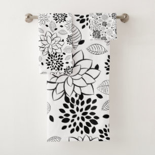 Repeating Black and White Flower Pattern Bath Towel Set